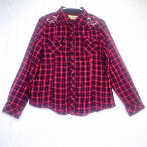 Red Multi Color Long Sleeve Button Up Pearl Snap Flannel Shirt Large